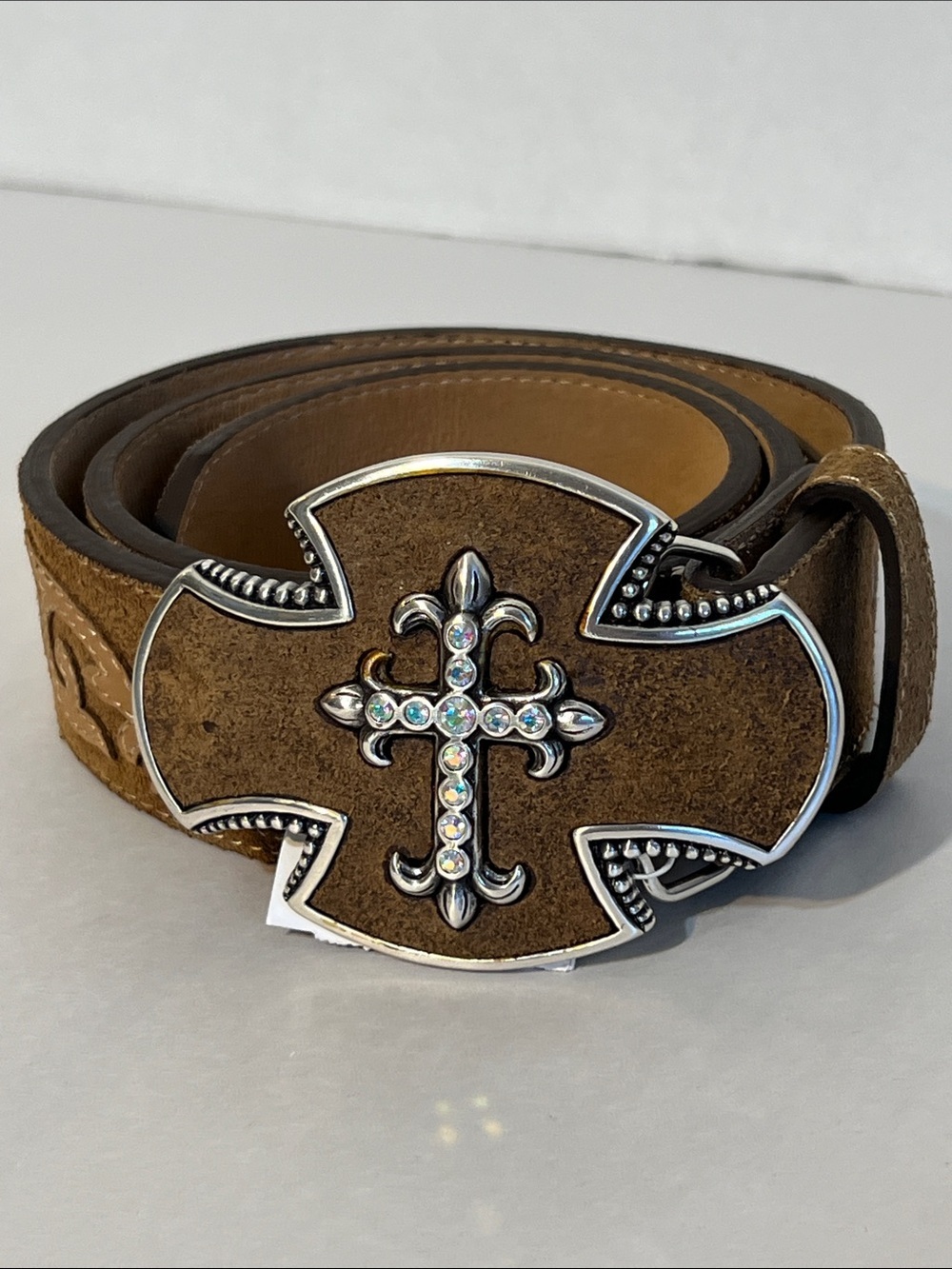 Brown Suede Women’s Belt with Decorative Cross bling on belt and Buckle Size 30